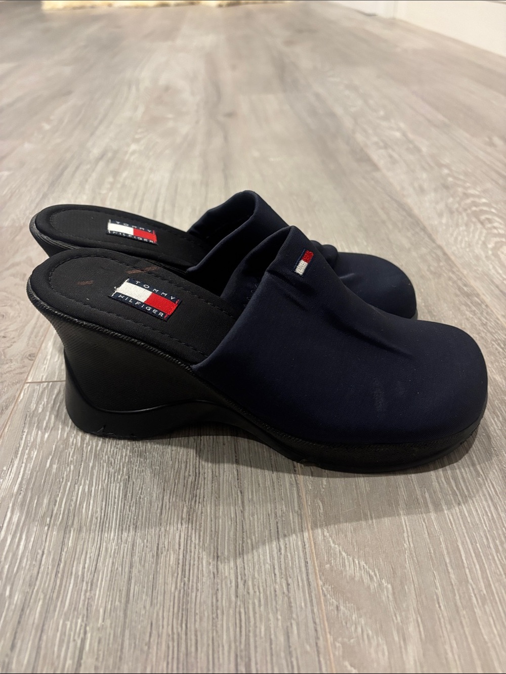 Tommy Hilfiger Navy Slip-On Wedge Mules with Flag Accent